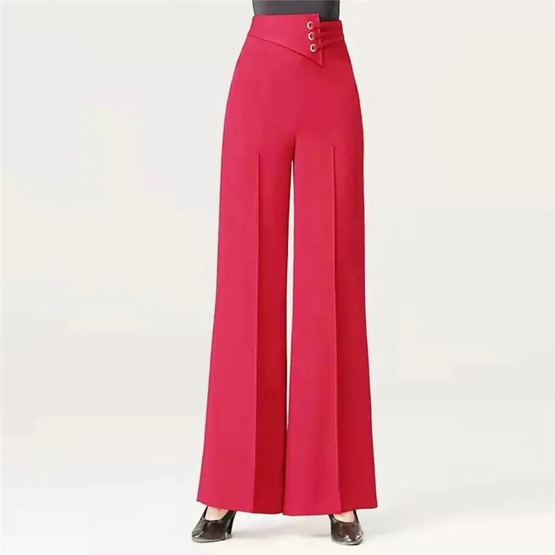 Elegant Women Diamonds Fashion Wide Leg Pants Solid Elastic High Waist Latin Dance Simple Loose Straight New Casual Trousers