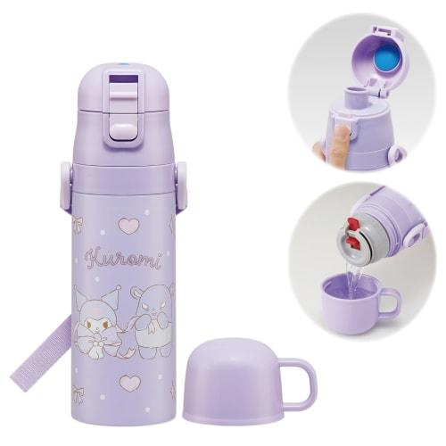 Skater Children's Stainless Steel Water Bottle, 2-Way, 470ml (Direct Drinking) or 430ml (Cup Drinking), Child-Friendly and Lightweight, Sanrio Kuromi