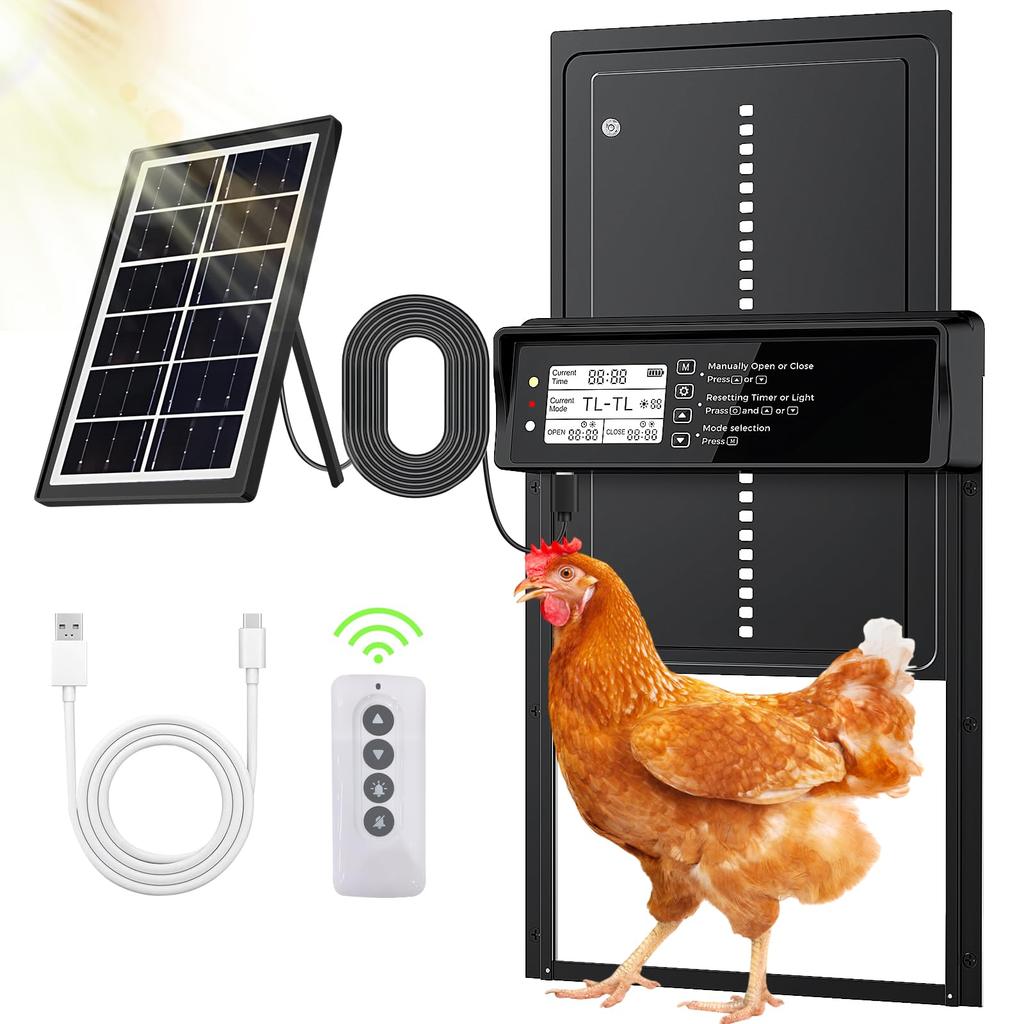 Automatic Chicken Coop Door Solar Powered with LCD Display, Automatic Chicken Door with Timer & Light Sensor - Remote Control