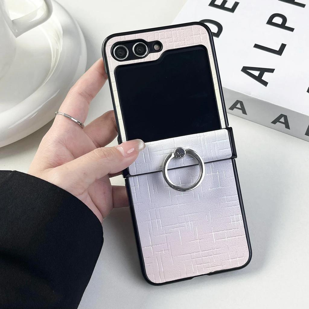 Ring Holder PU Leather Phone Case for Samsung Galaxy Z Flip 5 4 3 Flip5 Flip4 Flip3 5G Plastic Hard Shell Shockproof Cover