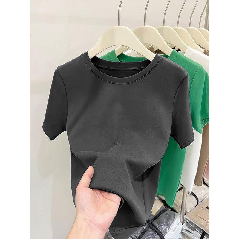 Women's Pink Thickened Brushed Cotton Short Sleeve T-shirt - Korean Style, Straight Shoulder, Round Neck for Spring, Summer, Autumn (2026 New)