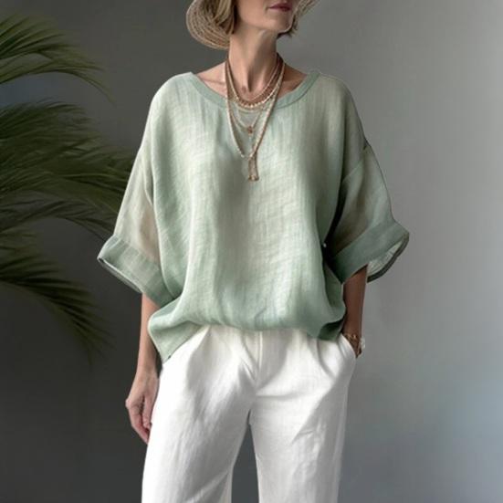 Women Tops Round Neck Half Sleeve Loose Fit Pullover Tops Pure Color Soft Fabric Casual Blouse Daily Wear
