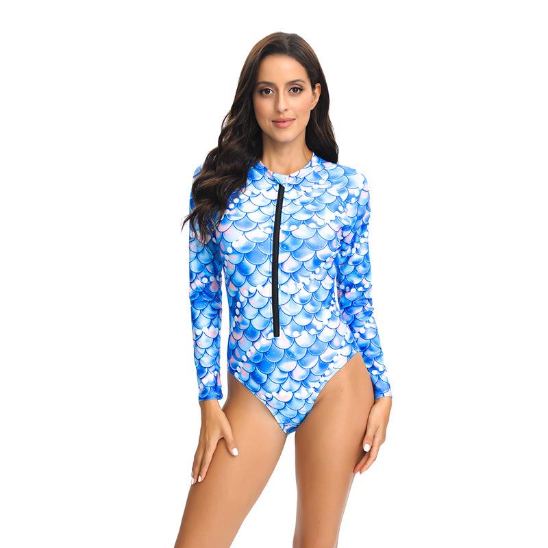 Women s Long Sleeve Zipper Fish Scale Print One-Piece Swimsuit L