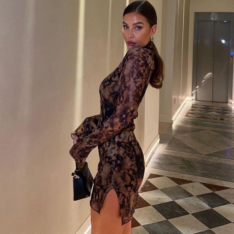 Robe d'automne à manches longues pour femme, col roulé semi-transparent, imprimé, sexy, coupe ajustée, fente, couverture des fesses