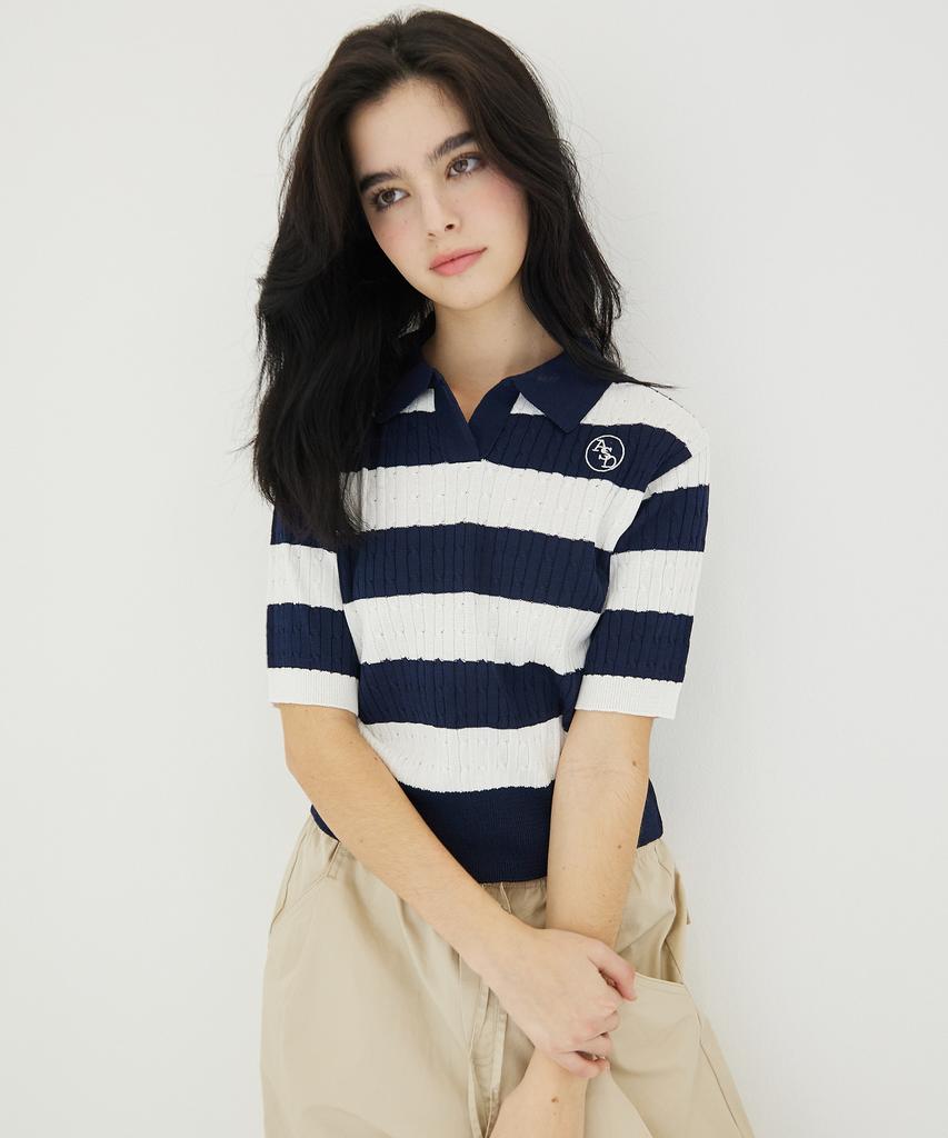 AWESOME STUDIO Striped Cable Collar Knit Navy