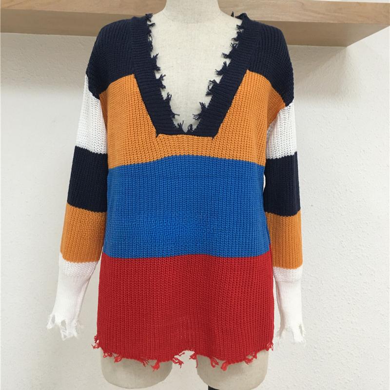 IHUASU Autumn and Winter Women's Knitwear V-neck Pullover Loose Rainbow Jumper