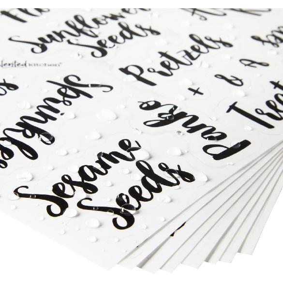 Talented Kitchen Labels for Food Containers - 135 Count, Preprinted Black Cursive on Clear Backing, Water-Resistant - Pantry & Kitchen Storage Labels