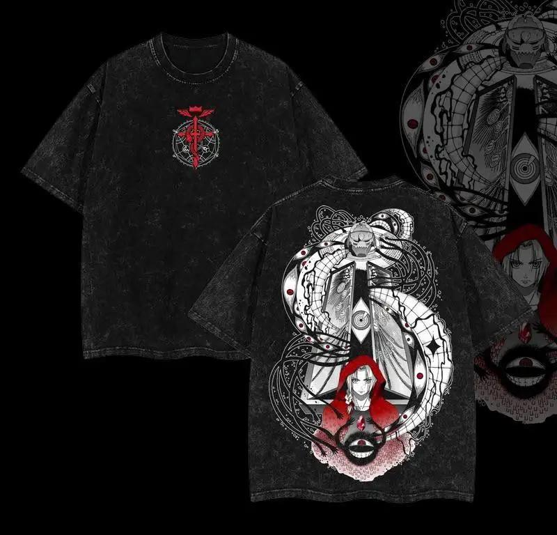 Classic Japan Anime Fullmetal Alchemist Brotherhood Manga Print Tees Loose Casual Oversized Top Men Women Washed Cotton T-shirts