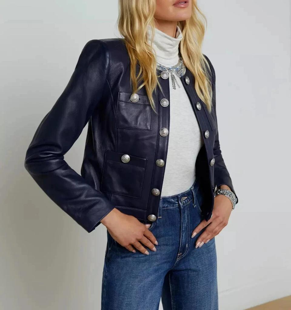 Women's Stylish Navy Blue Jacket Biker Real Lambskin Leather Trucker Motorcycle