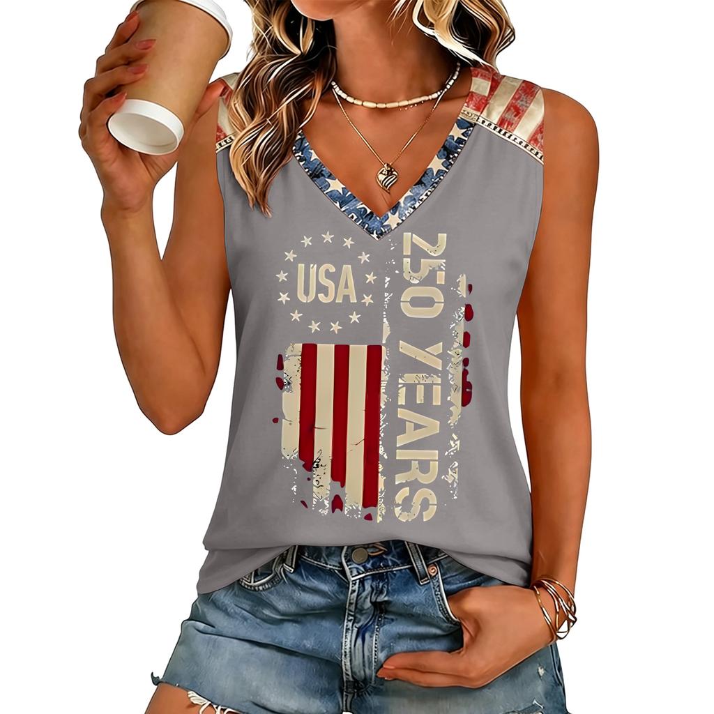 Women V Neck Casual Sleeveless Top with Independence Day Print Loose Fit Pullover Tank for Summer Daily Wear