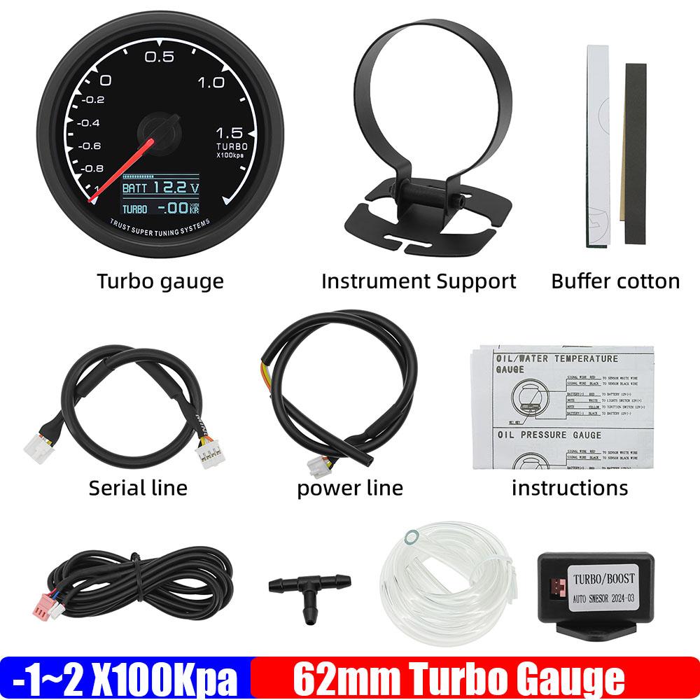 

ZMFJH Pointer 62mm Turbo Boost Gauge with Sensor 7 Color Backlight -1~2X100Kpa Digital Turbo Meter Holder Bracket for Car 12V Turbo Gauge