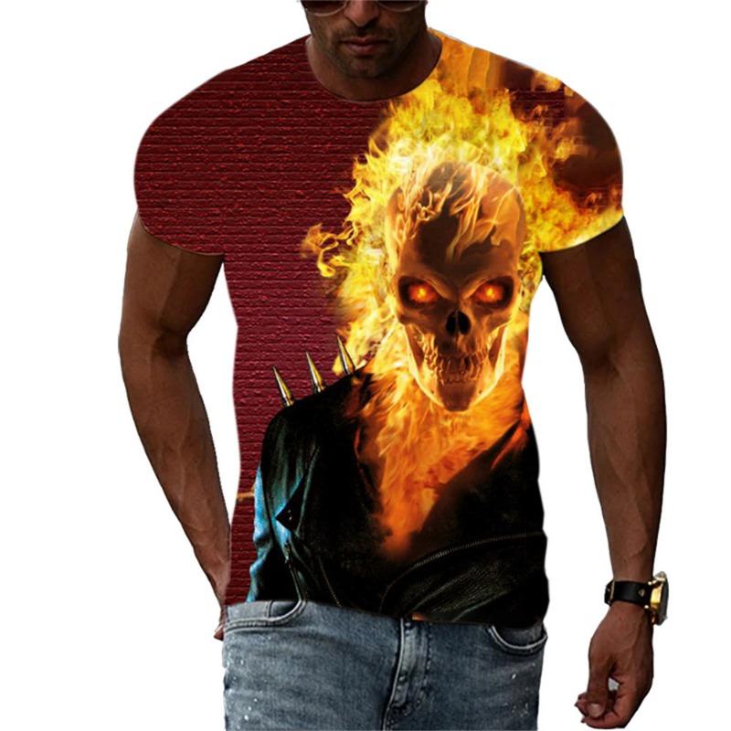 Summer Men's Fashion Trend New T-shirt 3D Flame Skull Digital Print Hip Hop Loose Street Clothing Casual Daily Round Neck Top
