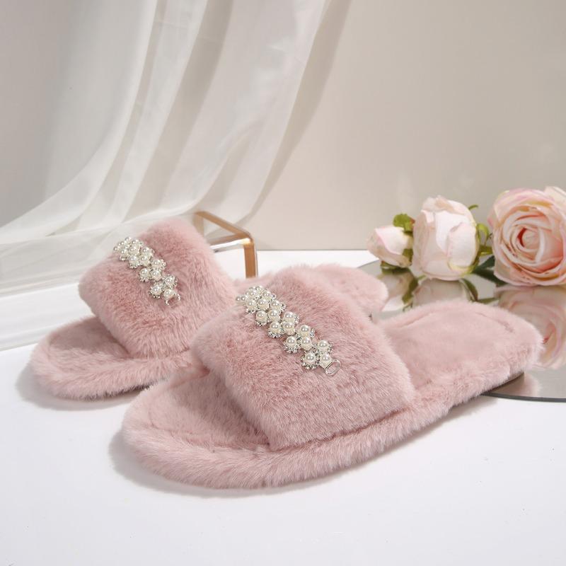 Fashion Pearl Cotton Mopping Winter New Round Toe Open Toe Plush Platform Anti-slip Wear-resistant Flats