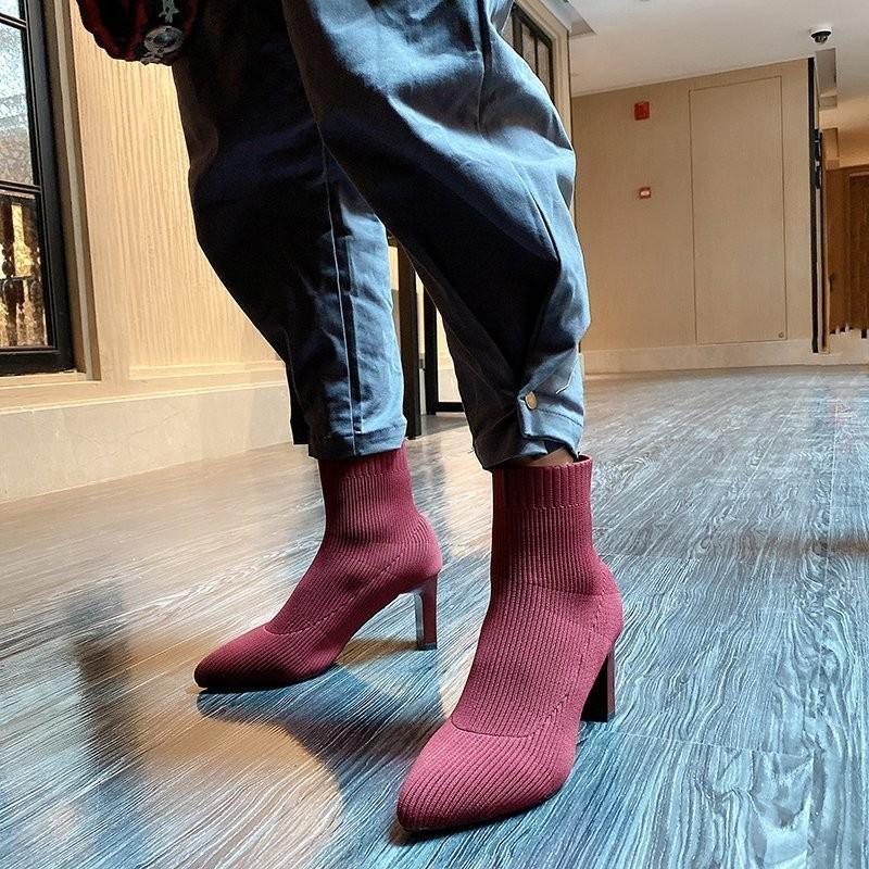 2025 Mode Damenstiefel Beige Spitzschuh Garn Elastische Stiefeletten Dicke Absätze Schuhe Herbst Winter Weibliche Sockenstiefel