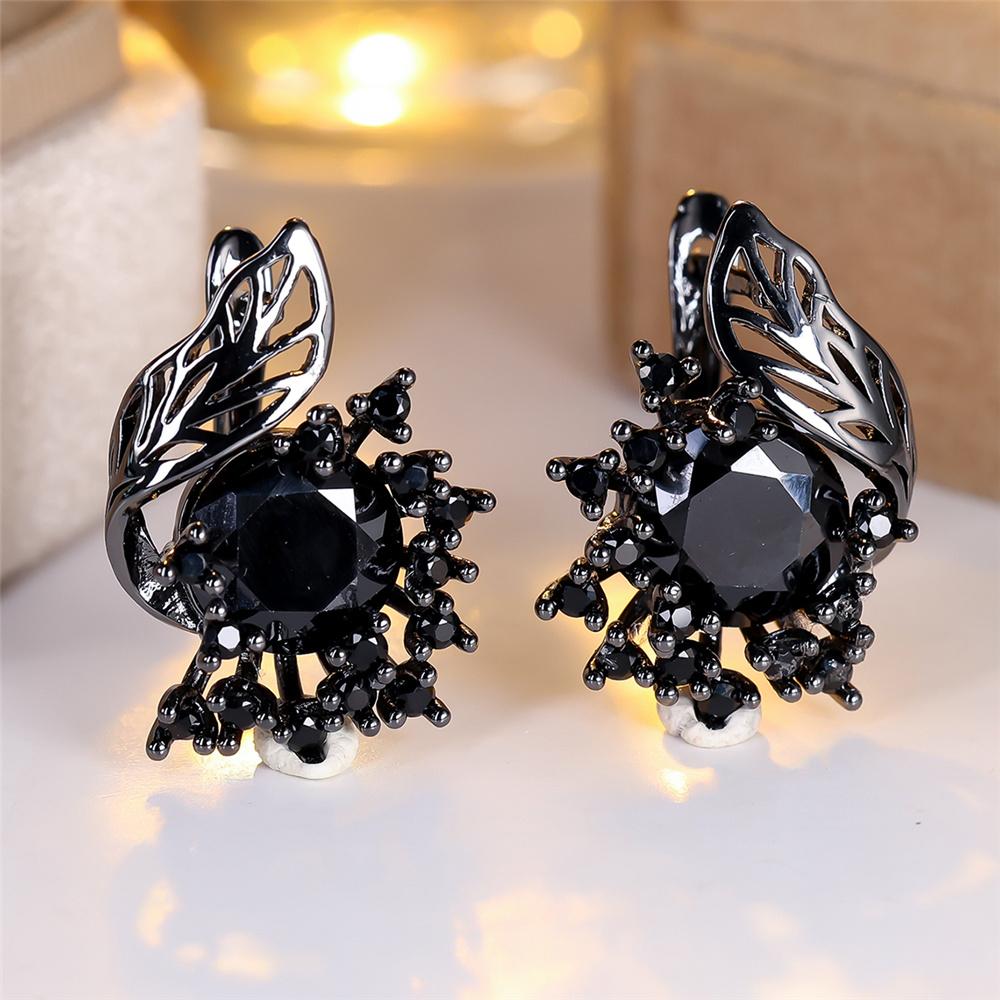 Cute Female Small Black Zircon Stone Hoop Earrings Vintage Fashion Wedding For Women