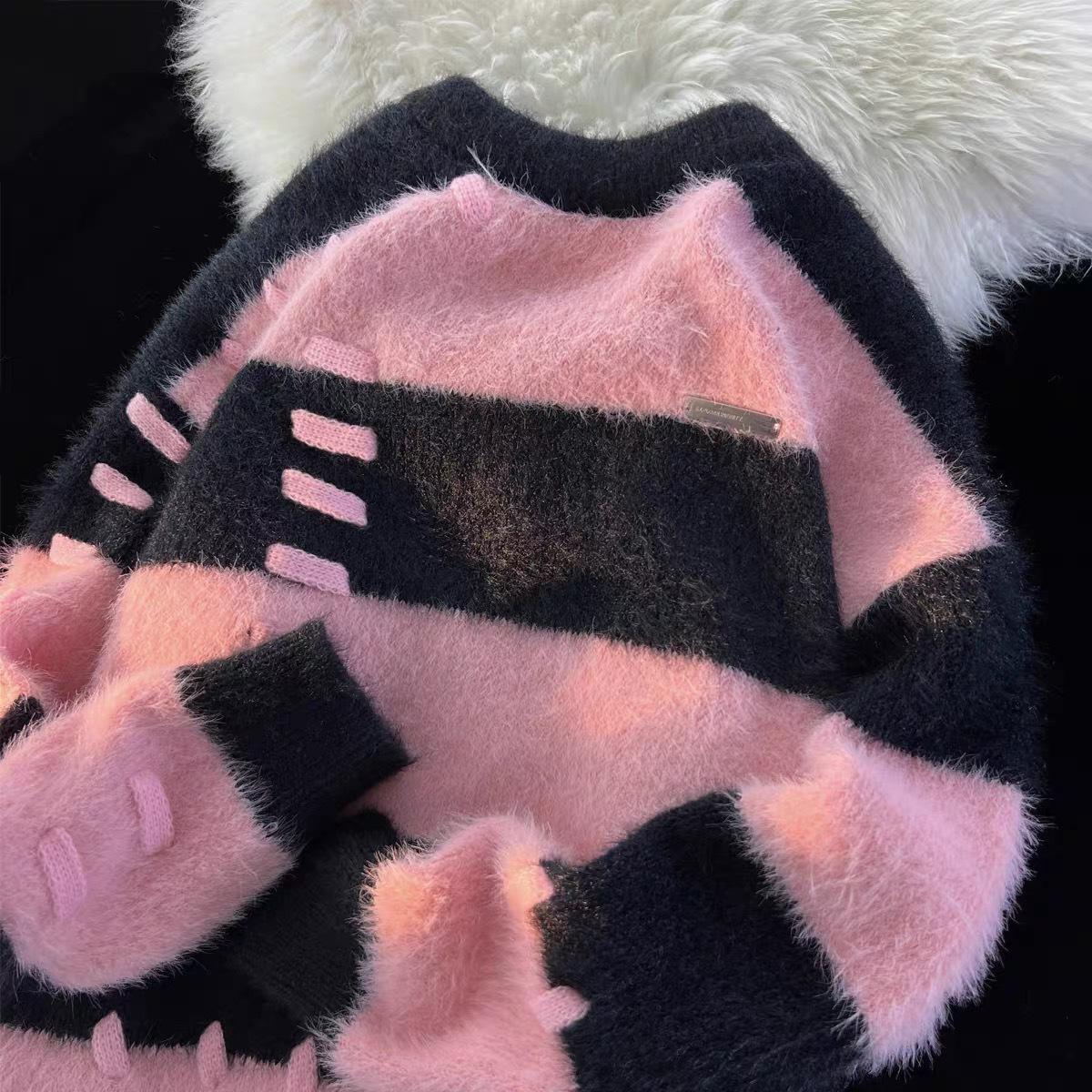 

Korean lazy wind striped mink fleece sweater men s autumn and winter loose design sense couple furry thickened top 2XL чорний