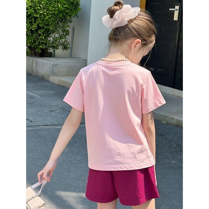 2026 Summer Cartoon Rabbit Print Children's Pure Cotton Pink Short-Sleeved T-Shirt Korean Brand Children's Clothing Girls' Tops