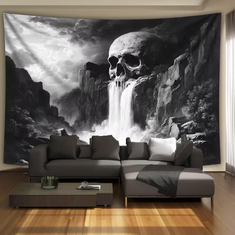 2D Black and White Skull Wall Tapestry Waterfall Background Cloth for Party & Home Decor
