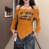 Women's Plus Size One-Shoulder Strappy Long-Sleeve Printed T-Shirt, Waist-Cinched, Slimming, Autumn Collection