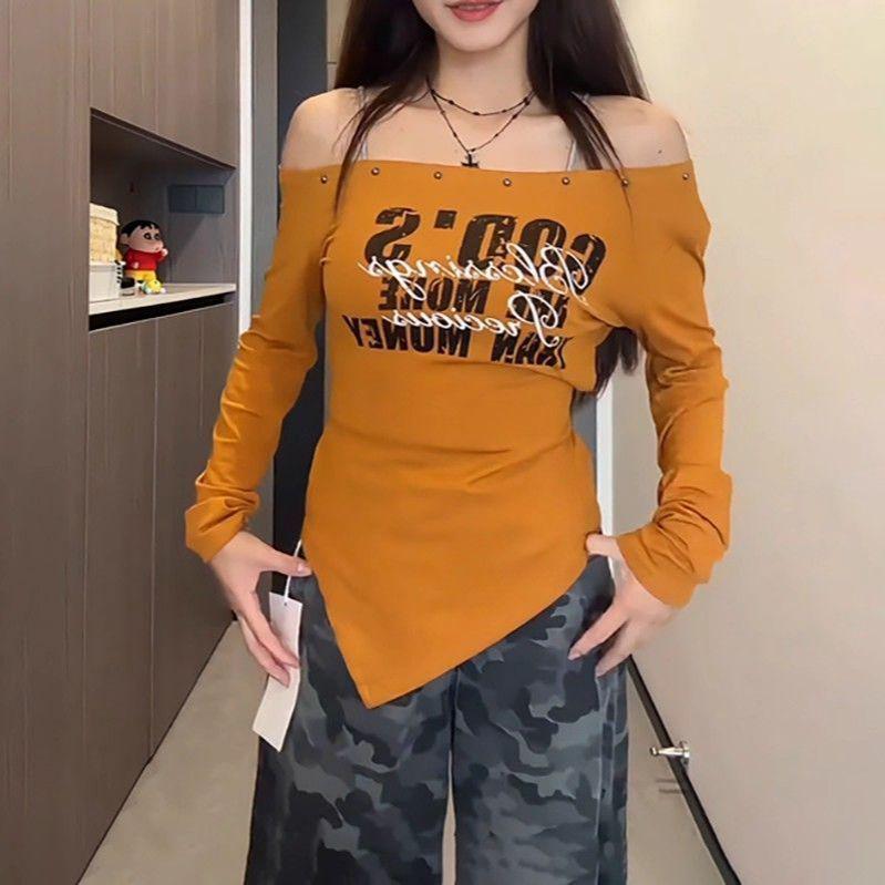 Women's Plus Size One-Shoulder Strappy Long-Sleeve Printed T-Shirt, Waist-Cinched, Slimming, Autumn Collection