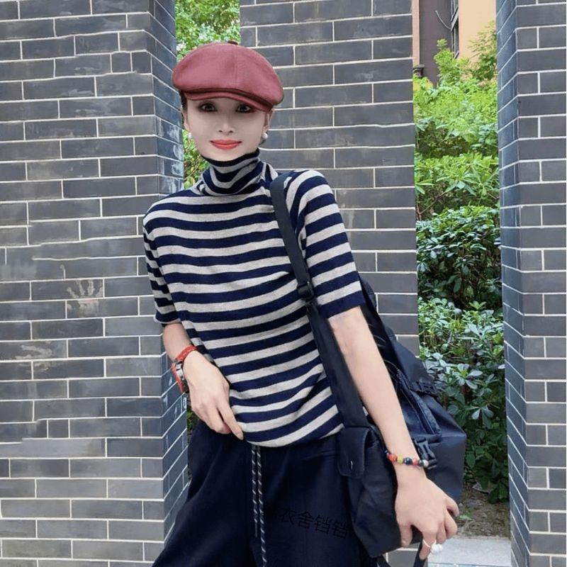 

Ankela Red Pile Collar Spring & Fall New Arrival Easiest for Match Classic Stripes Soft Glutinous Comfortable Turtleneck Half-Length Sleeve Sweater Black Blue Blue Strip L