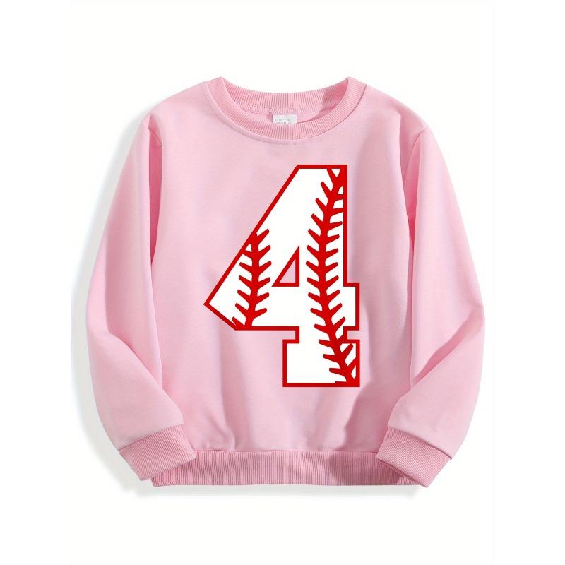 Kids Crewneck Sweatshirt, Baseball Style Number 4 Print, Sport Lovers Daily Casual Pullover