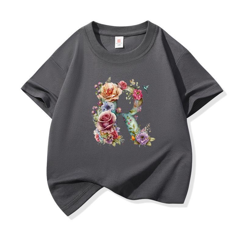 Kids Cotton T Shirt Floral Letter R Print Crew Neck Short Sleeve Tee Casual Boys Girls Summer Tops