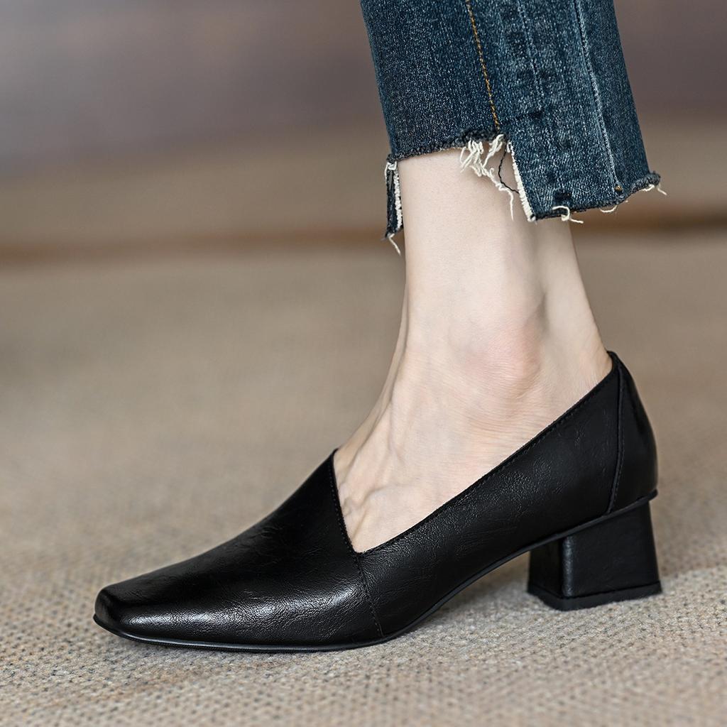 Square head single shoes irregular autumn French medium heel thick heel commuter high heels
