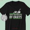 Funny Lawn Mower T Shirt Easily Distracted By Grass Lawnwhisperer Gardening Mowing  Vintage Washed Soft Designer Clothes