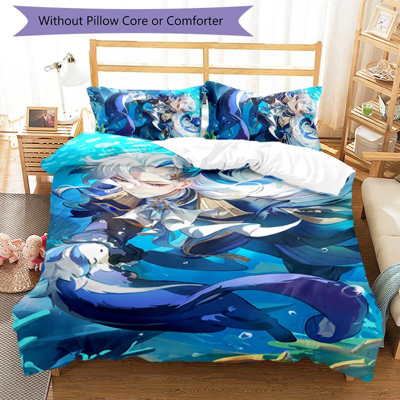3pcs Genshin Impact Navelette pattern bedding set duvet cover set includes duvet cover &pillowcases, perfect all season bedroom decoration & gift