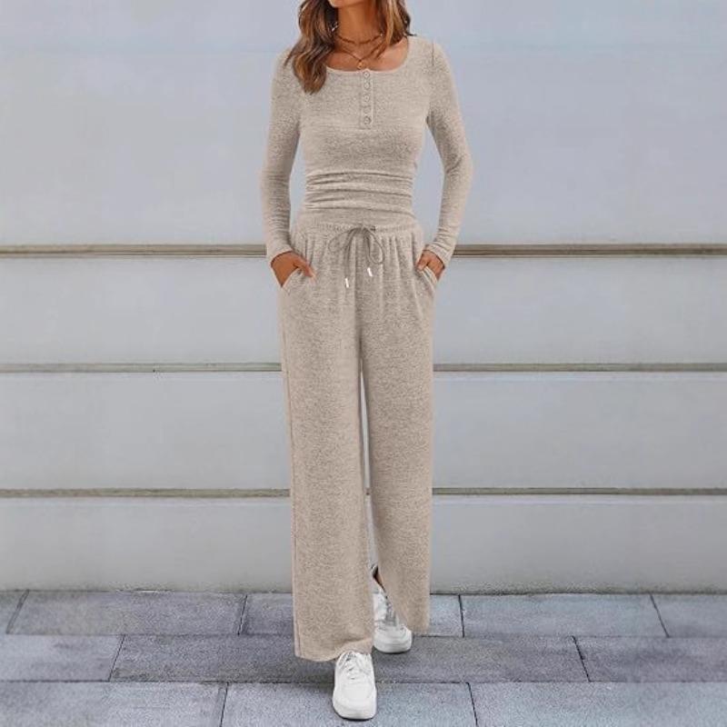 New Fall Sports Set Solid-Color Top and Wide-Leg Pants Two-Piece Set for Women