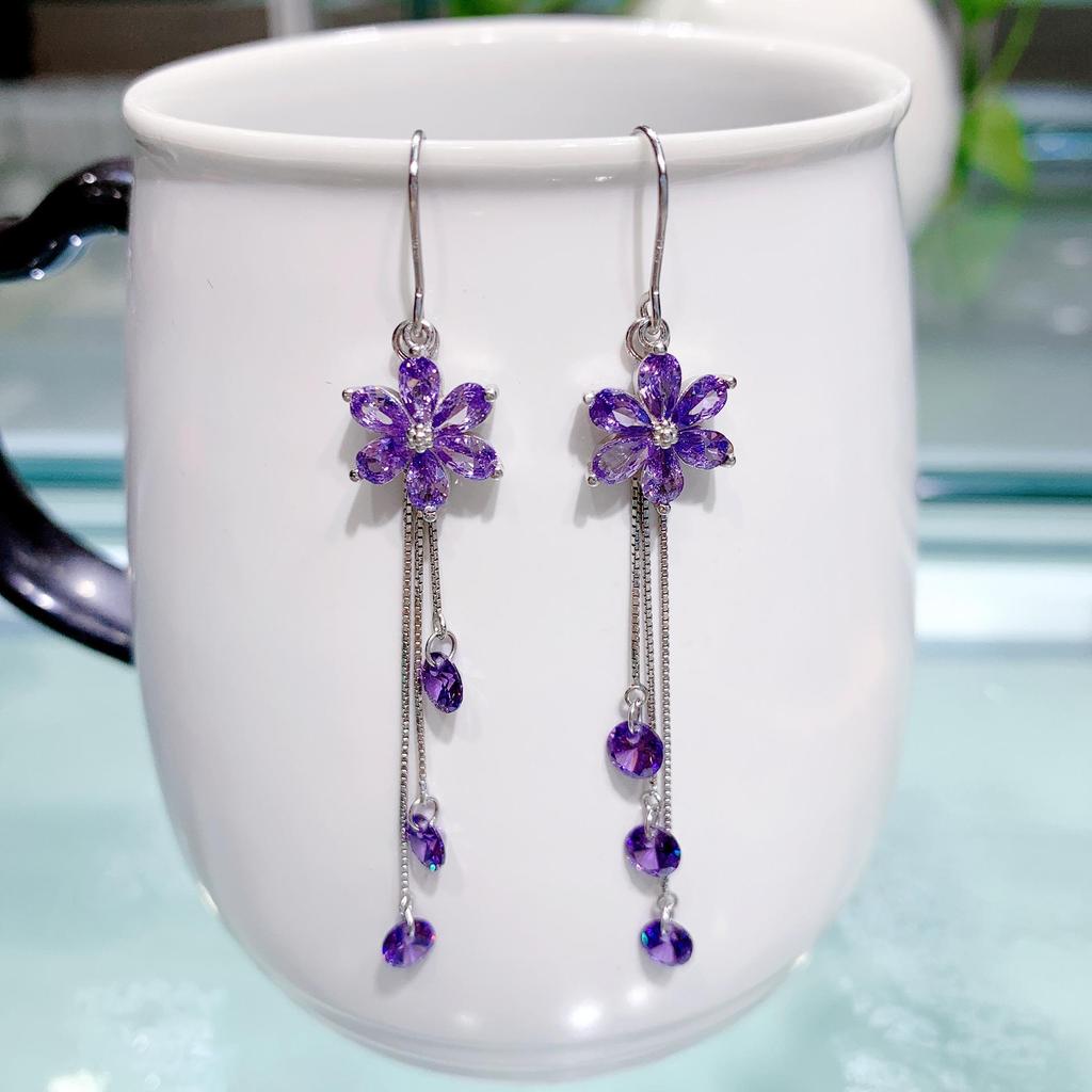 Crystal Flower Tassel Earrings with Silver-Plated Needles - Anti-Loss Zircon Design Inspired by Japanese and Korean Style