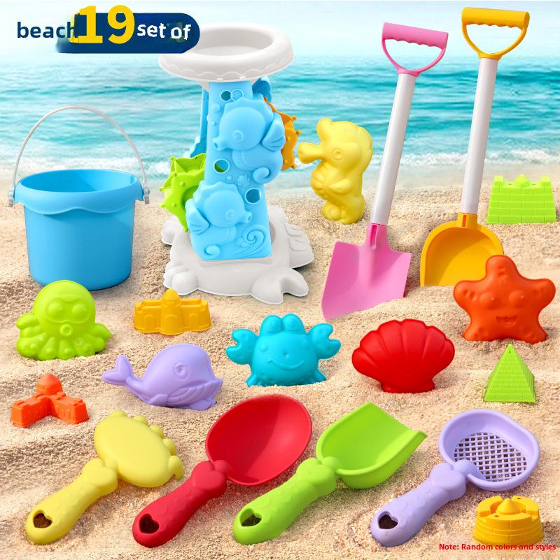 

Детский пляжный набор игрушек: Машинка, ведро, лопата, песочные часы и песочные инструменты для игр с водой и песком.
