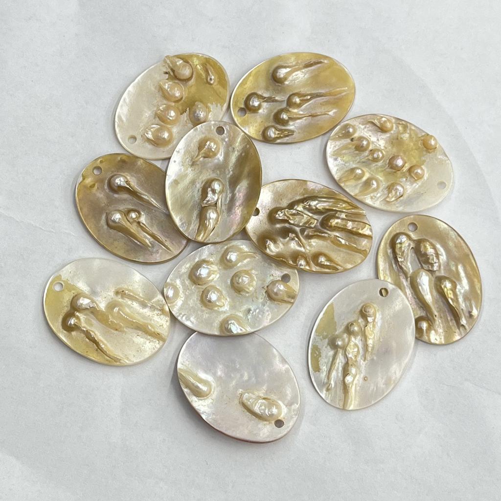 3Pcs, Natural Shell Mother of Pearl Beads with Holes, Boho Handcrafted Oval Loose Beads, 28×38mm, for DIY Necklace, Jewellery Making, Festive Crafts