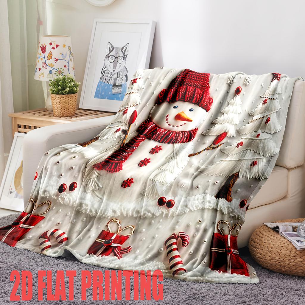 Christmas Snowman Tree Print Flannel Blanket 2D Digital Printing Lightweight Soft for Sofa Bed Decor, Anti-Spillage Travel Gift