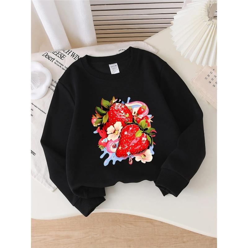 European sizes Kids' Crewneck Sweatshirt | Strawberry Floral Sparkle Pattern, , Sportswear and Casual Wear, Soft and Comfortable, Clothing, Teenagers