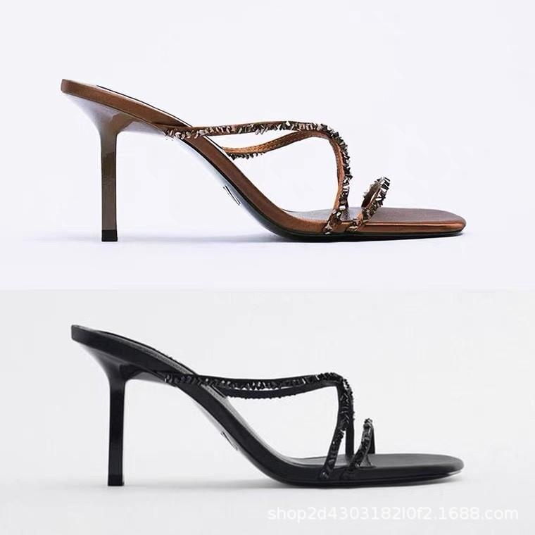 Women's Shoes 2025 New Square Head Rhinestone Beaded Temperament High Heels Open Toe Cross Strap Stiletto Sandals Women's Summer