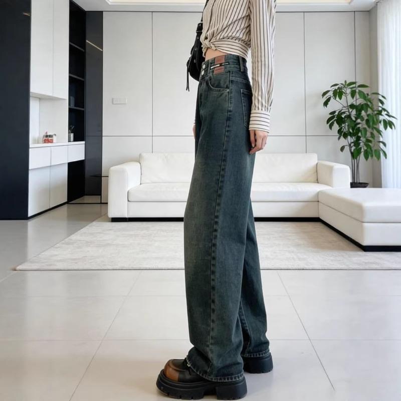 Fleece Thickened Cement Wide-leg Jeans Autumn and Winter New Straight High Waist Loose and Thin Mopping Women's Pants