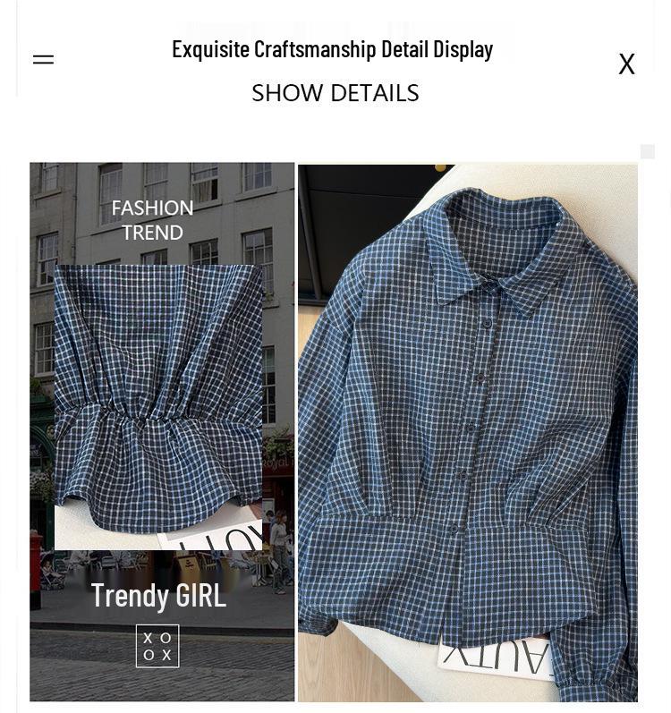 Korean Spring Casual Plaid Blue Women's Cropped Waist-Cinching Long Sleeve Shirt