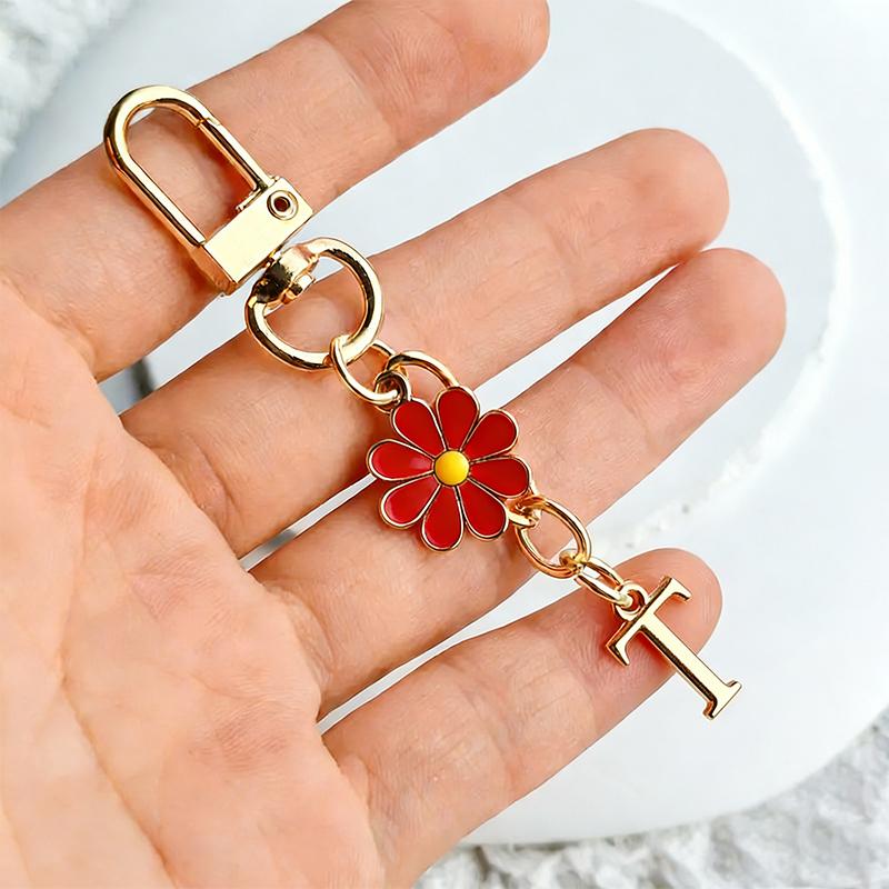 Metal Red Daisy Alphabet Keychain  A-Z 26 Letters Keyring Charms Bag Pendant Jewelry Gift Accessories