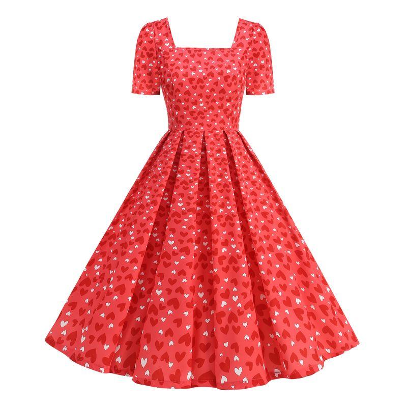 

European and American Style Dress Short Sleeve Women s New Square Collar Pleated Vintage Print Elegant Dress Womensdress Red S