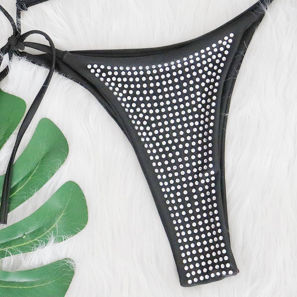 2023 European & American Sexy Rhinestone Strappy Bikini Set - Solid Color Beach Vacation Women's Swimwear