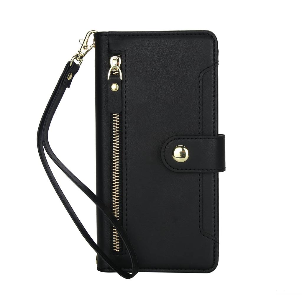 Flip Wallet Case for iPhone 16e/16/15 Pro Max/16 15 Plus, Zipper Pocket Cover with Card Holder Slots, Magnetic Closure, Lanyard