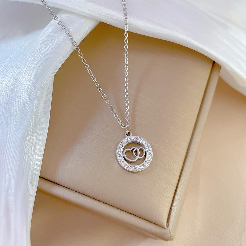 

Gold Plated Double Ring Love Heart Pendant Necklace for Women Full Zircon Titanium Steel Necklace Lover Couple Gift
