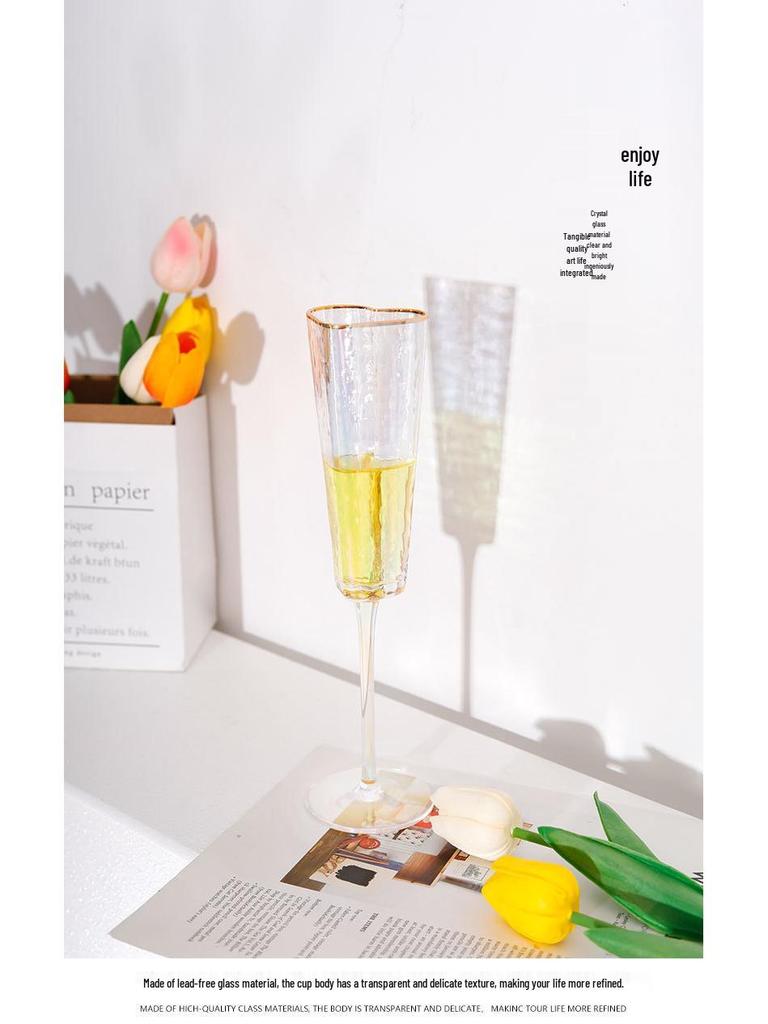 Elegant Hammered Heart-Shaped High-Stemmed Crystal Champagne Glass with Gold-Plated Edge