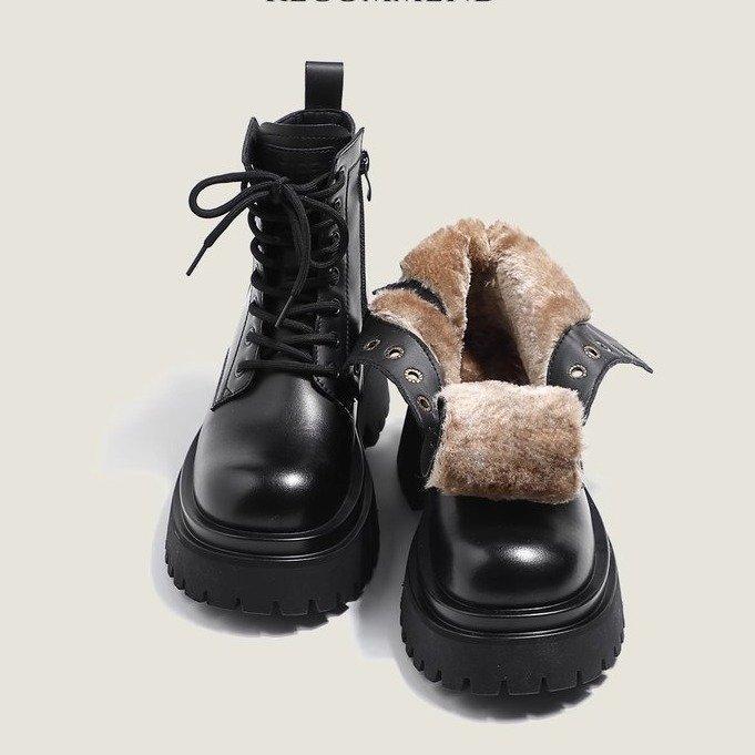 

Женские осенние и зимние короткие ботинки с толстой подошвой в британском стиле с подкладкой, утолщенные теплые зимние ботинки, нескользящая хлопковая обувь 36 чёрный