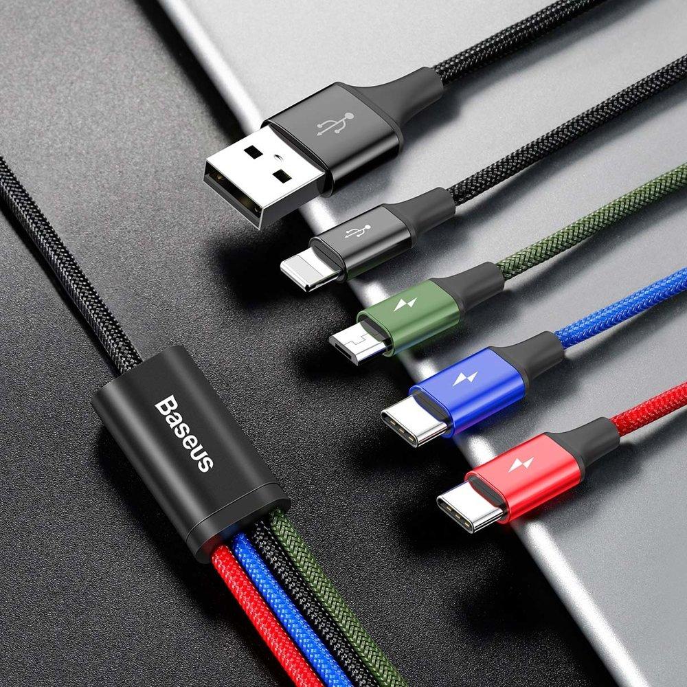 4-in-1 USB-Kabel iPhone Lightning 2x USB-C microUSB Nylon Geflochten 35A 12m Schwarz