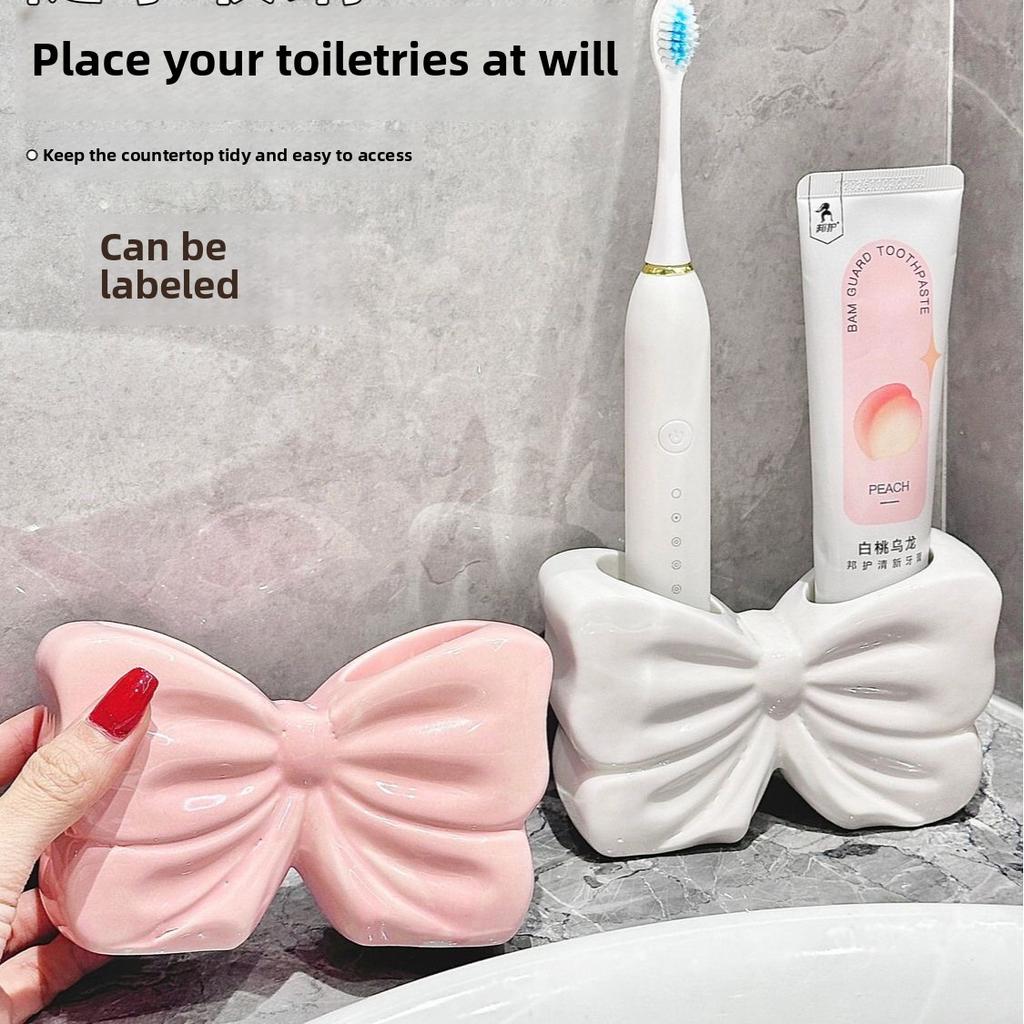 1pc Ceramic Bow Toothbrush Holder Ornament Ceramic Toothbrush Toothpaste Storage Rack Bathroom Accessories Brush Holder