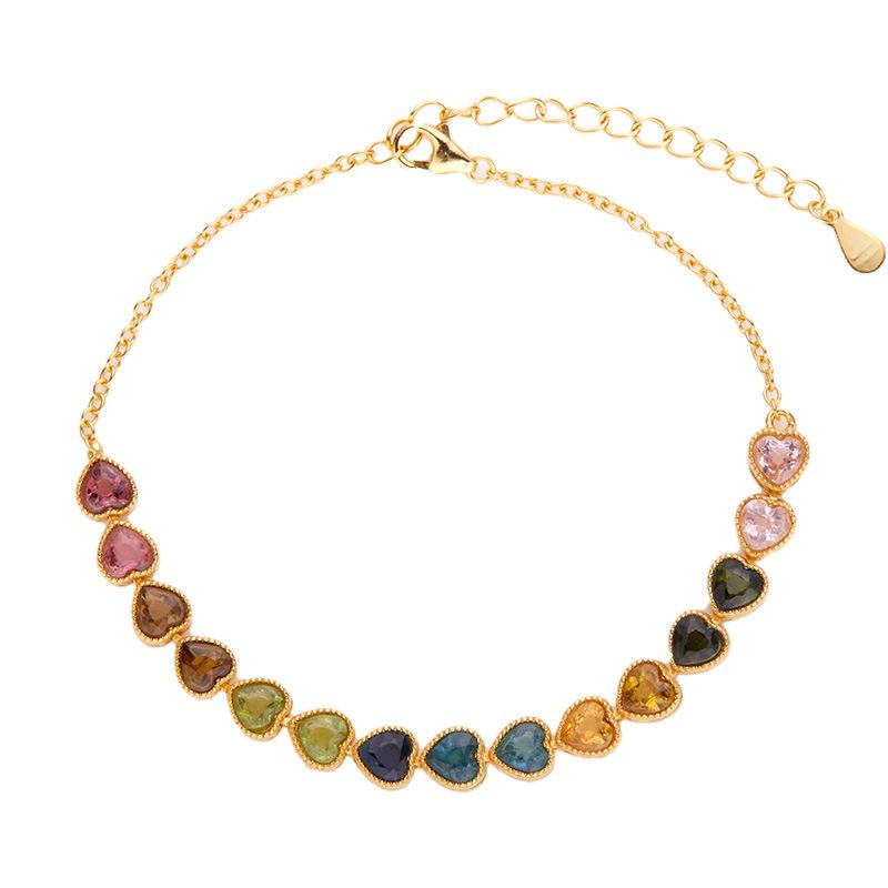 Earrings S925 Sterling Silver Inlaid Natural Colored Treasure Tourmaline Bracelet Women'S Heart-Shaped Love High-End Bracelet.