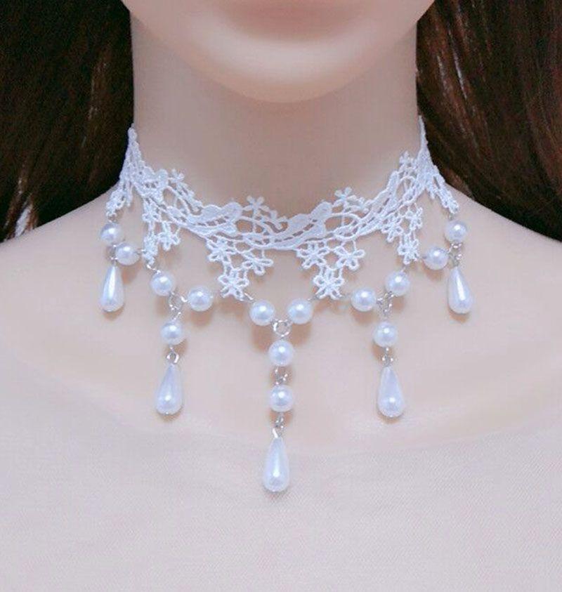 Women Party Necklace Hollow Out Lace Faux Pearl Decor Tassel Prom Cosplay Halloween Carnival Choker Wedding Performance Neck Jewelry